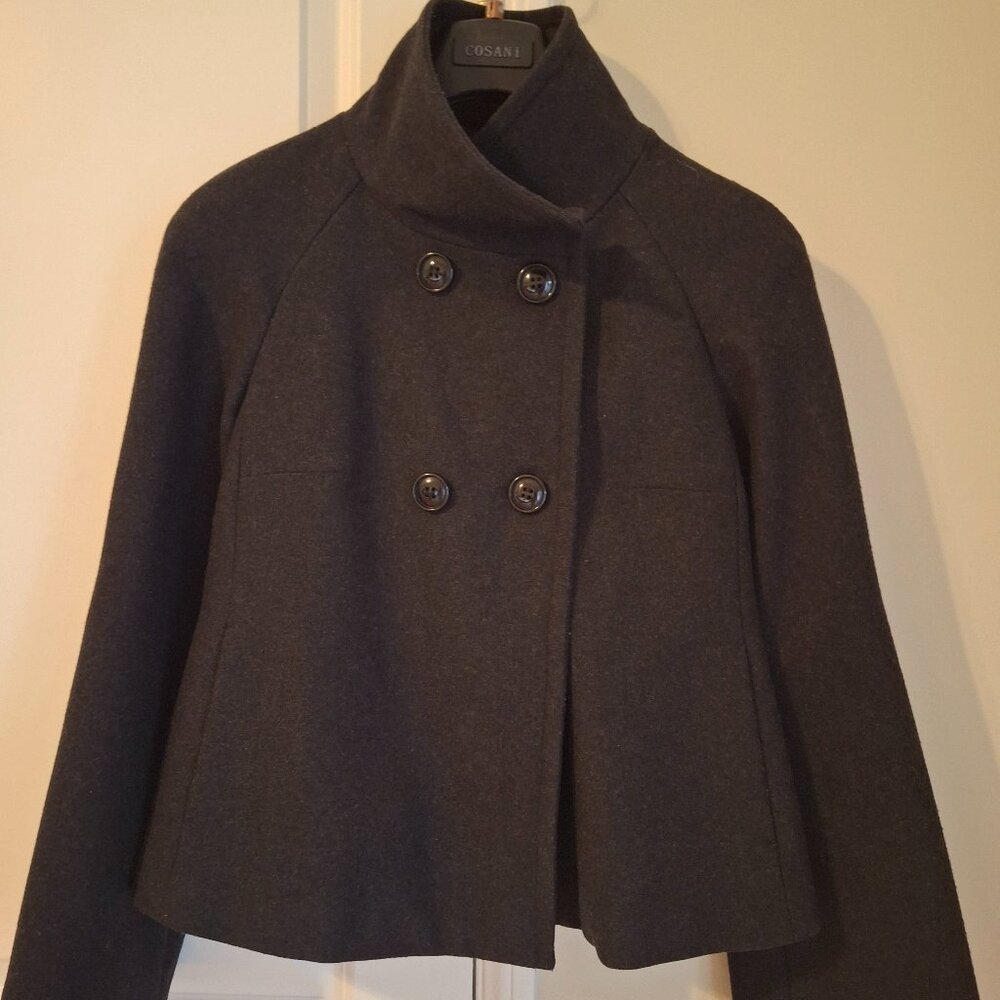 Stile Benetton Wool Blend Double-Breasted Short Coat - Dark Gray